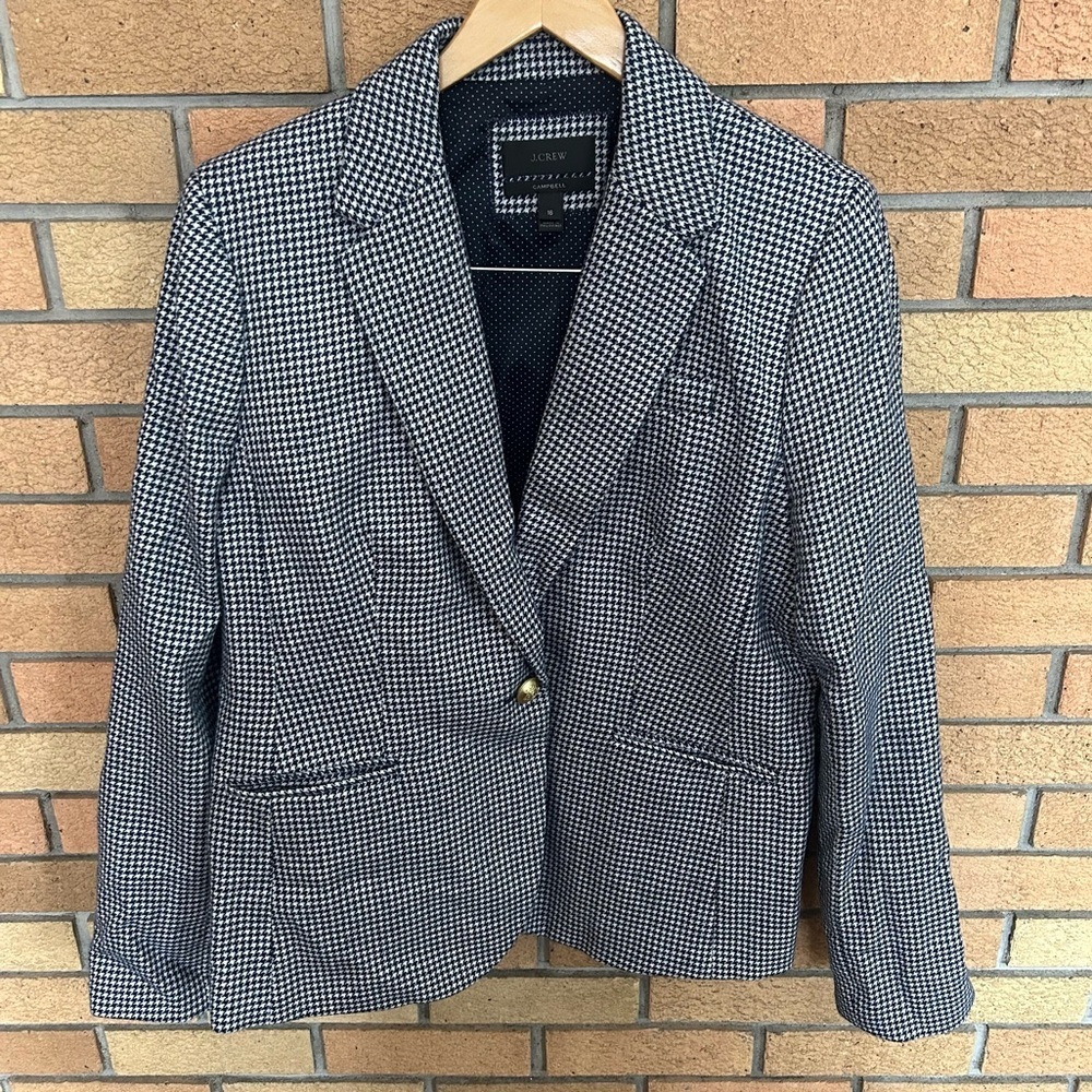 J. Crew Navy Blue Campbell Houndstooth Blazer Wool Blend Gold Button Size 16